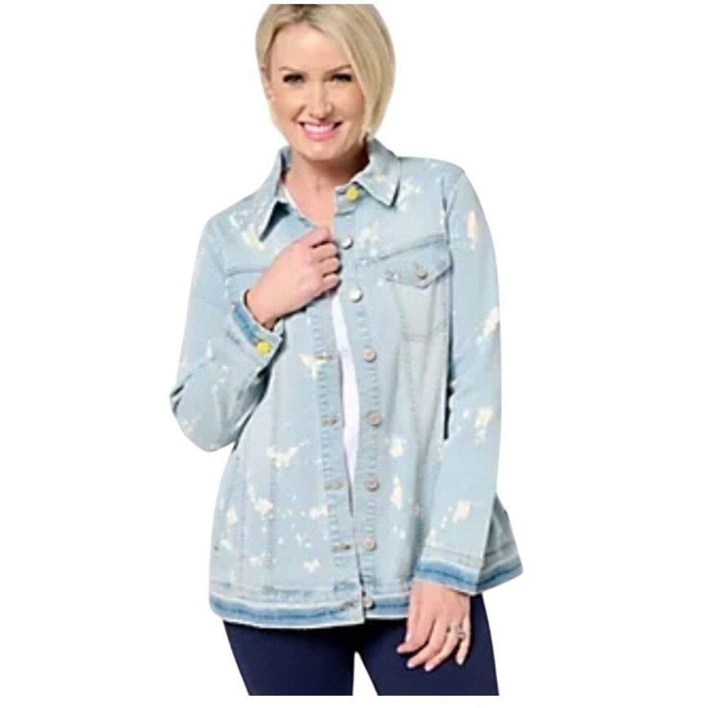 Lori Goldstein Smiley World Denim Jacket‎ Bleach Wash Patch Logo Plus 20W Nwot - Picture 5 of 10